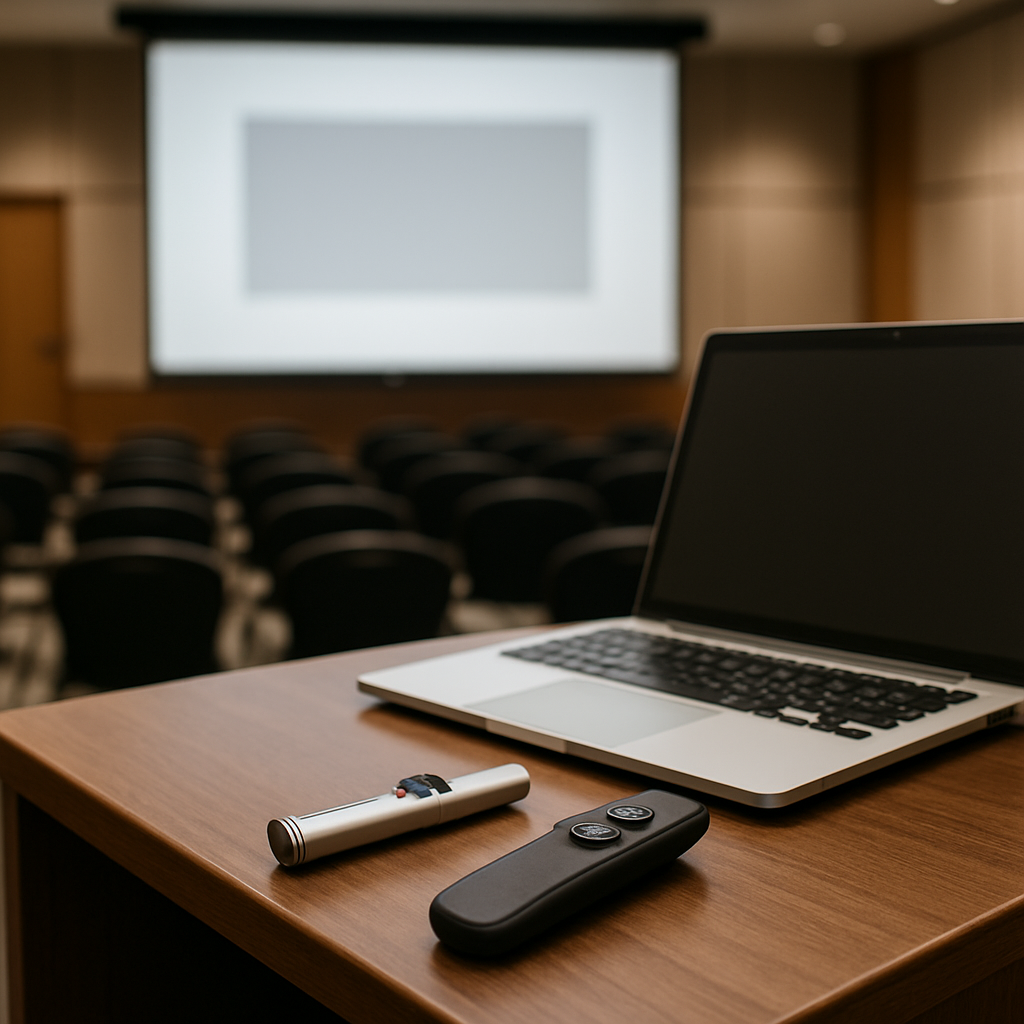 Presentation remote and laser pointer on conference lectern